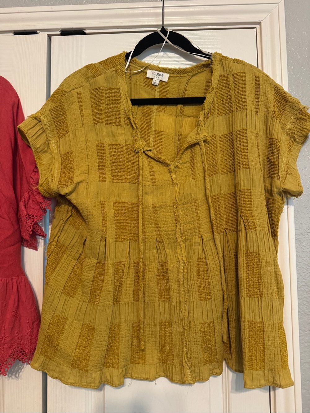 Mango Olive-Mustard Textured Tie-Front Tunic